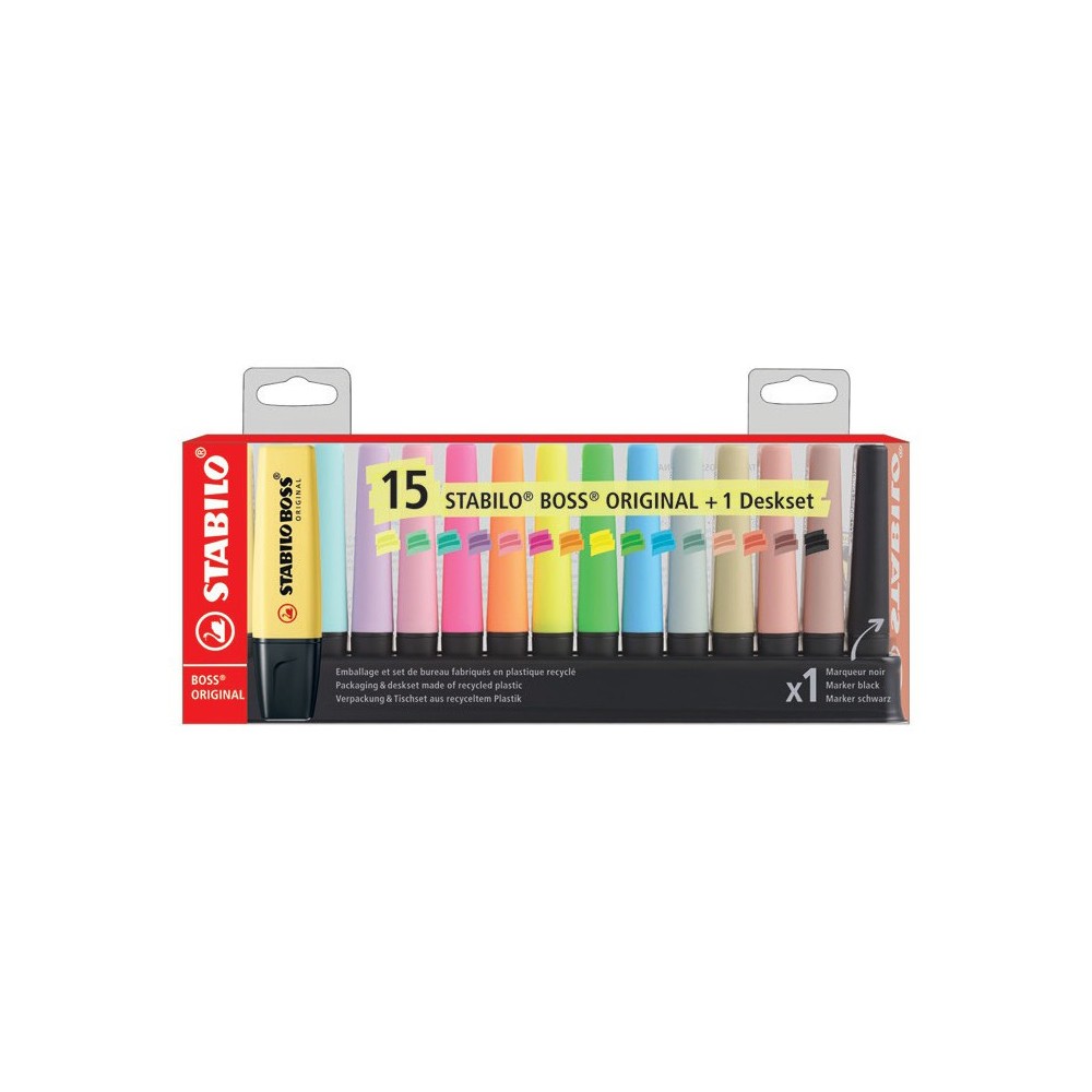 EVIDENZIATORI STABILO BOSS CONFEZIONE 15 PZ ORIGINAL + BOSS PASTEL + NATURECOLORS + NERO DESK SET