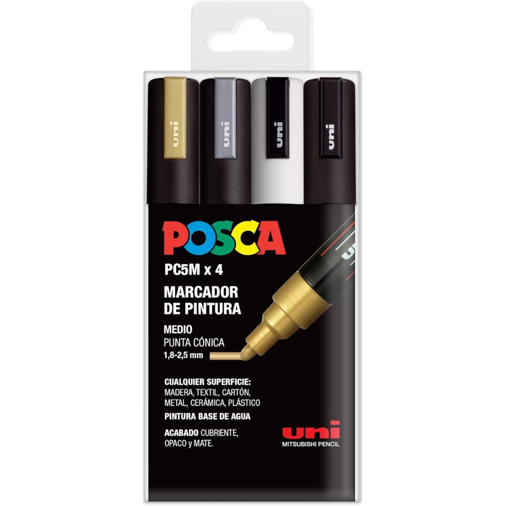 MARKER UNI POSCA PM-5 CONFEZIONE 4 COLORI ORO ARGENTO BRONZO BIANCO