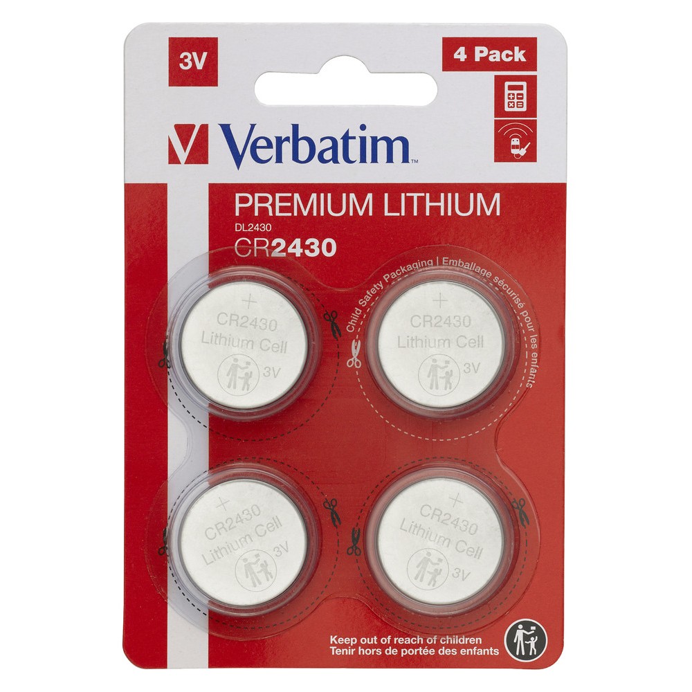 VERBATIM LITHIUM BATTERY CR2430 3V 4 PACK 49534