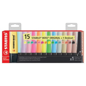 EVIDENZIATORI STABILO BOSS CONFEZIONE 15 PZ ORIGINAL + BOSS PASTEL + NATURECOLORS + NERO DESK SET F60915