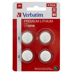 VERBATIM LITHIUM BATTERY CR2016 3V 4 PACK 49531